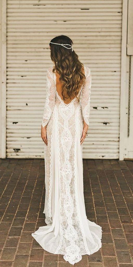 Sheath/Column  Lace Wedding Dress With Long Sleeve Open Back Bridal Gown  WD487
