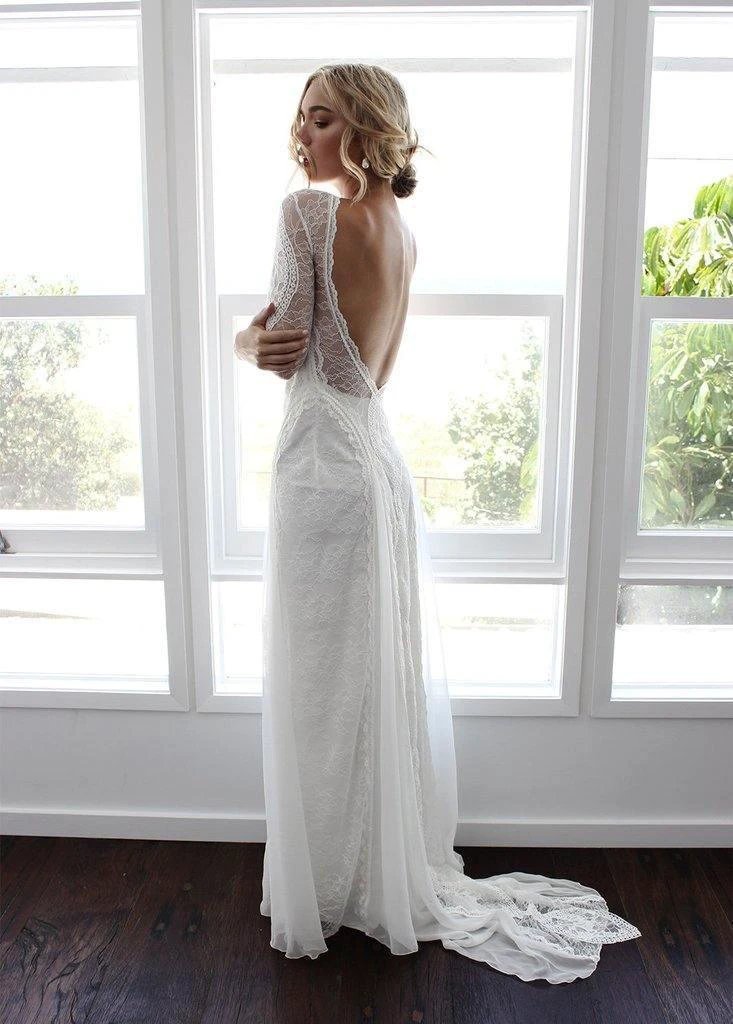 Sheath/Column Lace Wedding Dress With Long Sleeve Open Back Bridal Gown WD487 by pgmdress