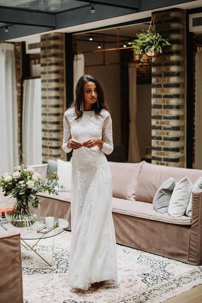 Sheath/Column Lace Wedding Dress With Long Sleeve Open Back Bridal Gown WD487 by pgmdress