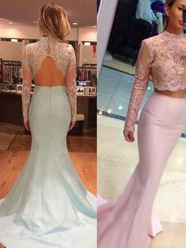 Sheath/Column Long Sleeves Lace High Neck Satin Two Piece Prom Dresses by misshow.com