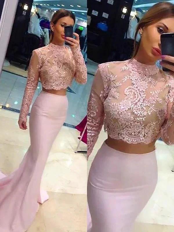 Sheath/Column Long Sleeves Lace High Neck Satin Two Piece Prom Dresses by misshow.com