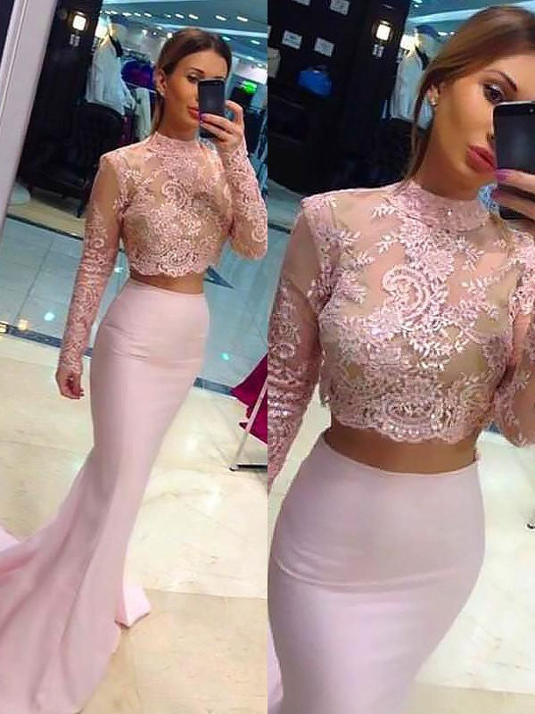 Sheath/Column Long Sleeves Lace High Neck Satin Two Piece Prom Dresses Hover Image