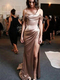 Sheath/Column Off-the-Shoulder Short Sleeves Silk like Satin Prom Dresses by misshow.com