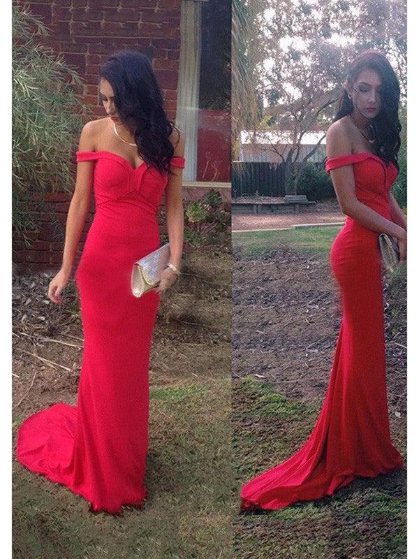 Sheath/Column Off-the-Shoulder Sleeveless Jersey Prom Dresses by misshow.com