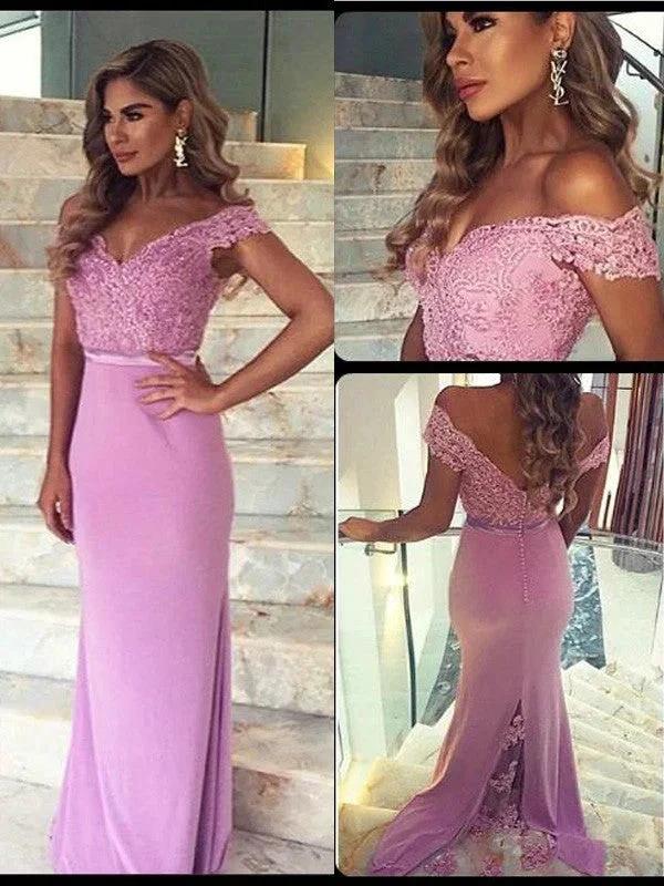 Sheath/Column Off-the-Shoulder Sleeveless Lace Floor-Length Elastic Woven Satin Prom Dresses by misshow.com