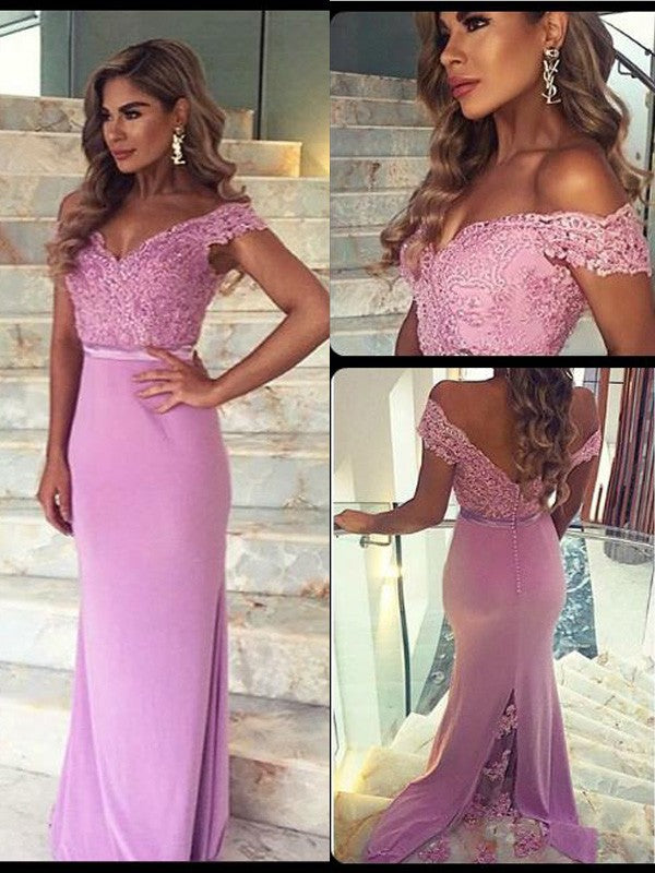 Sheath/Column Off-the-Shoulder Sleeveless Lace Floor-Length Elastic Woven Satin Prom Dresses Main Image