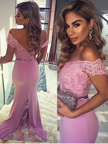 Vestidos de fiesta de satén elástico, sin mangas, con hombros descubiertos y encaje hasta el suelo.