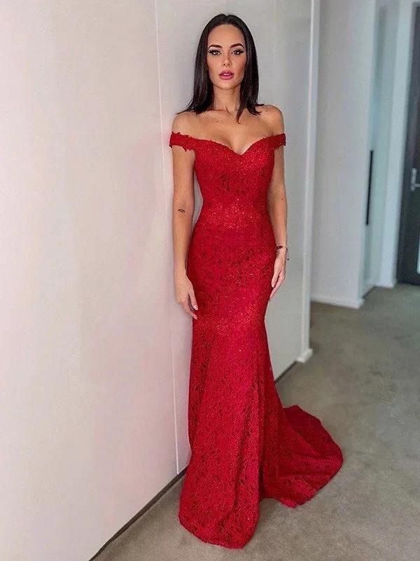 Sheath/Column Off-the-Shoulder Sleeveless Lace Ruffles Prom Dresses by misshow.com