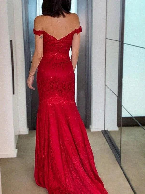 Sheath/Column Off-the-Shoulder Sleeveless Lace Ruffles Prom Dresses by misshow.com