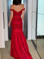 Sheath/Column Off-the-Shoulder Sleeveless Lace Ruffles Prom Dresses by misshow.com