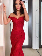 Sheath/Column Off-the-Shoulder Sleeveless Lace Ruffles Prom Dresses by misshow.com