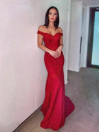 Sheath/Column Off-the-Shoulder Sleeveless Lace Ruffles Prom Dresses by misshow.com