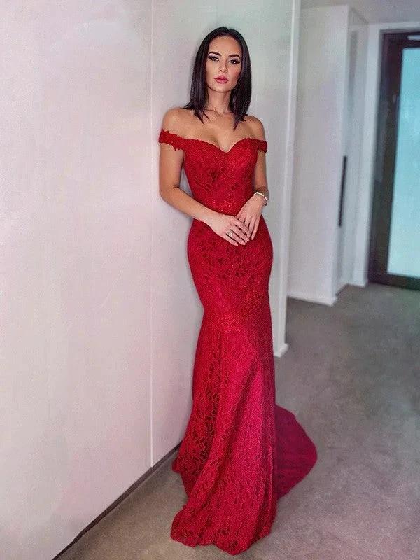 Sheath/Column Off-the-Shoulder Sleeveless Lace Ruffles Prom Dresses by misshow.com