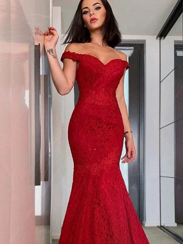 Sheath/Column Off-the-Shoulder Sleeveless Lace Ruffles Prom Dresses by misshow.com