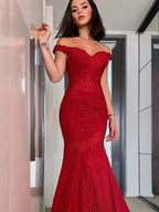 Sheath/Column Off-the-Shoulder Sleeveless Lace Ruffles Prom Dresses by misshow.com