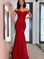 Sheath/Column Off-the-Shoulder Sleeveless Lace Ruffles Prom Dresses by misshow.com