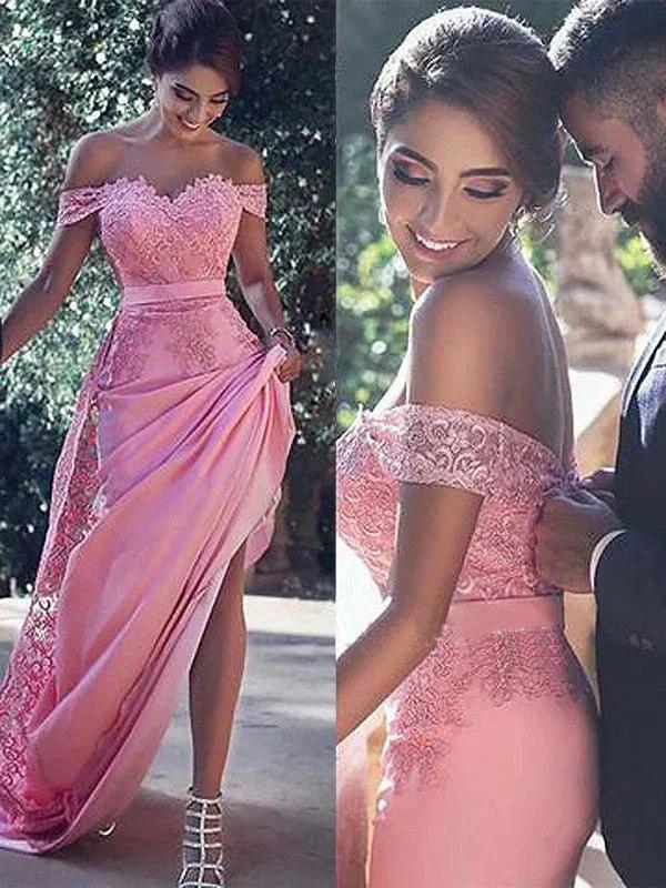 Sheath/Column Off-the-Shoulder Sleeveless Silk Like Satin Prom Dresses by misshow.com