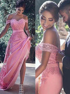 Sheath/Column Off-the-Shoulder Sleeveless Silk Like Satin Prom Dresses by misshow.com