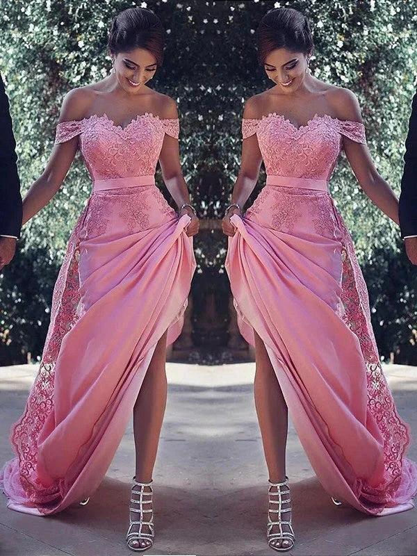 Sheath/Column Off-the-Shoulder Sleeveless Silk Like Satin Prom Dresses by misshow.com