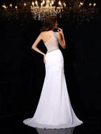 Sheath/Column One-Shoulder Beading Sleeveless Long Chiffon Prom Dresses by misshow.com