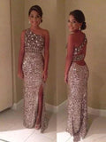Sheath/Column One-Shoulder Sleeveless Sequins Floor-Length Prom Dresses by misshow.com