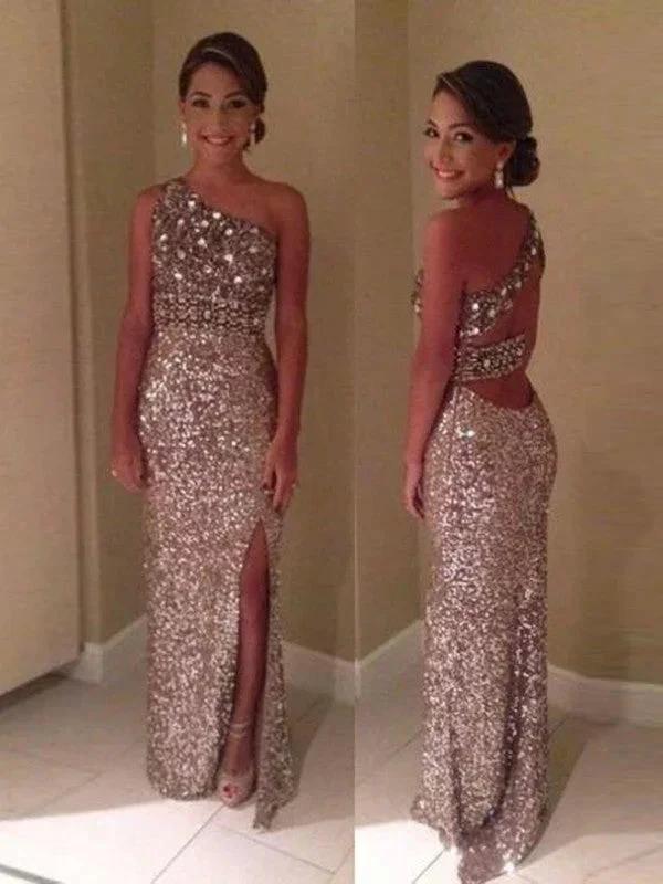 Sheath/Column One-Shoulder Sleeveless Sequins Floor-Length Prom Dresses by misshow.com