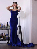 Sheath/Column Ruffles Off-the-Shoulder Velvet Sleeveless Prom Dresses by misshow.com