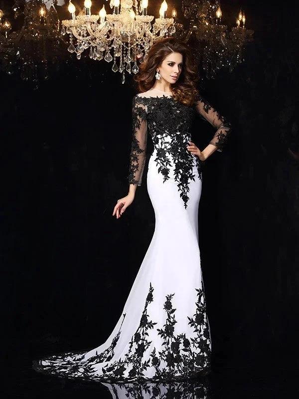Sheath/Column Scoop Lace Long Sleeves Long Chiffon Prom Dresses by misshow.com