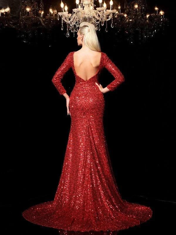 Sheath/Column Scoop Sequin Long Sleeves Long Sequins Prom Dresses by misshow.com