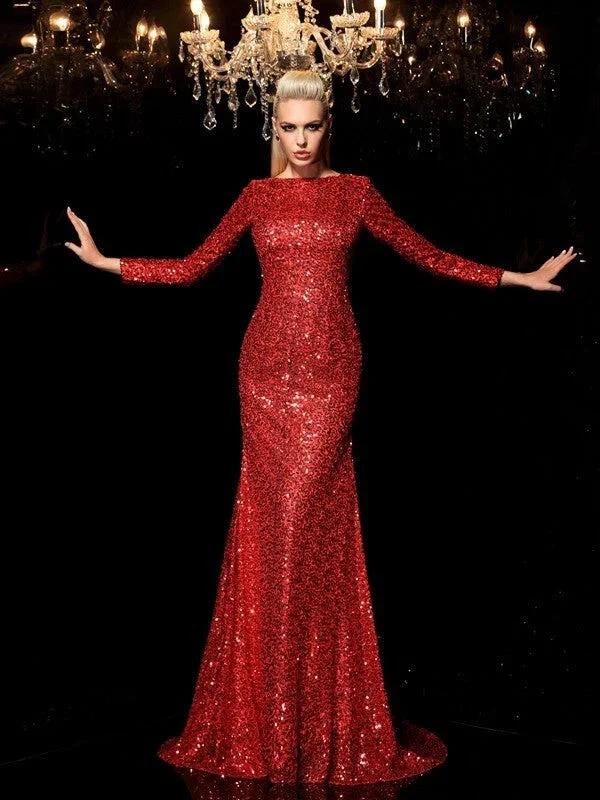 Sheath/Column Scoop Sequin Long Sleeves Long Sequins Prom Dresses by misshow.com