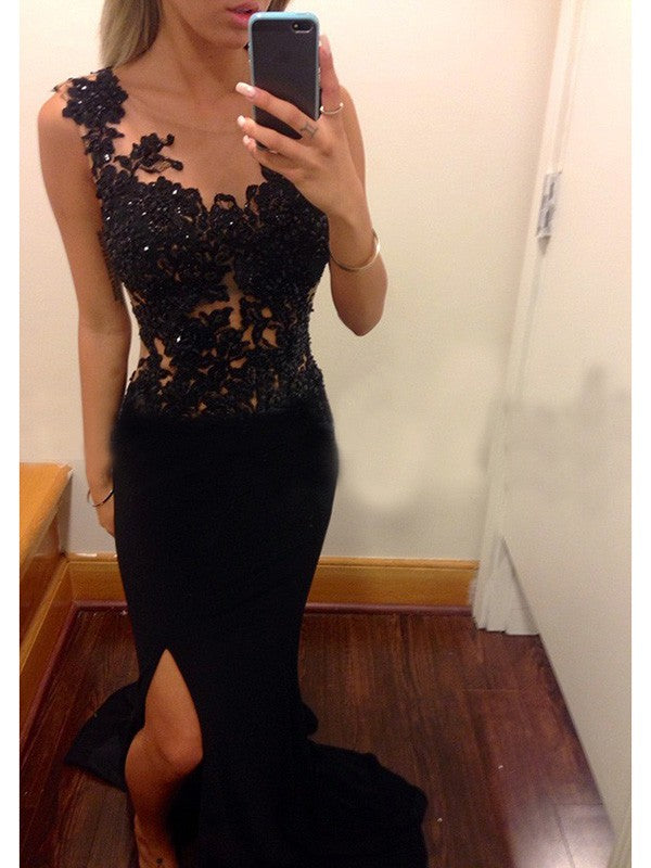 Sheath/Column Scoop Sleeveless Applique Chiffon Prom Dresses Hover Image