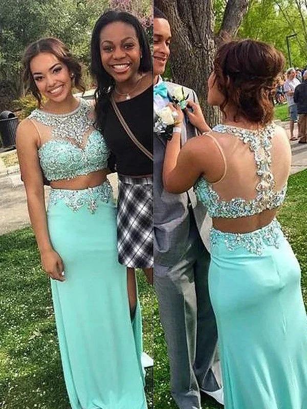 Sheath/Column Scoop Sleeveless Beading Floor-Length Spandex Two Piece Prom Dresses by misshow.com