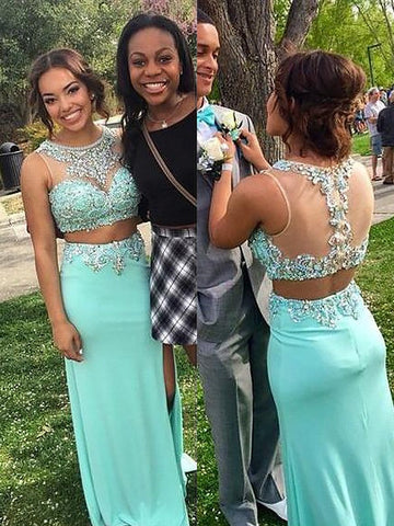 Sheath/Column Scoop Sleeveless Beading Floor-Length Spandex Two Piece Prom Dresses