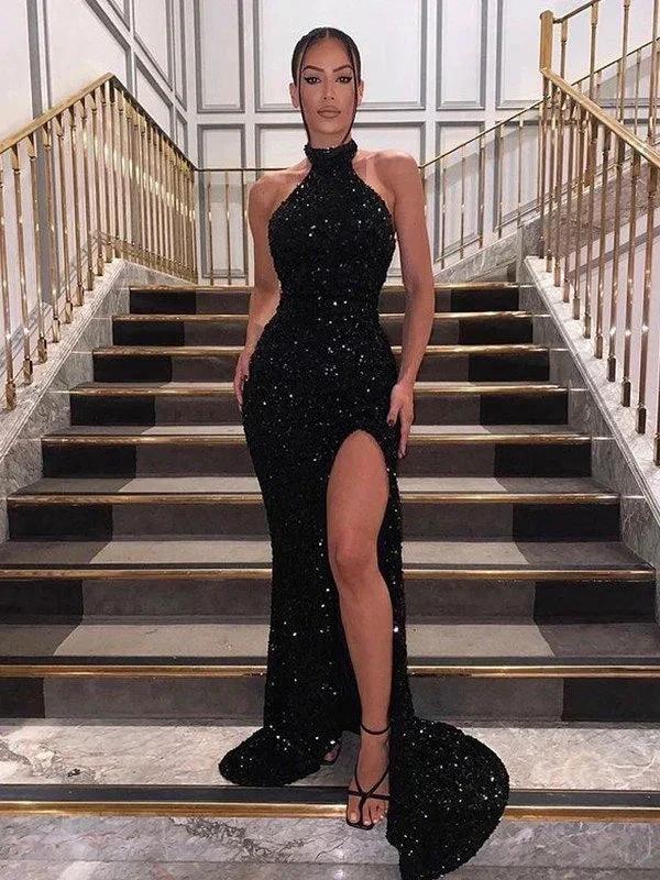 Sheath/Column Sequins Halter Sleeveless Sequin Prom Dresses by misshow.com