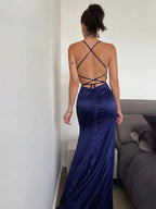 Sheath/Column Silk like Satin Ruched Sleeveless Halter Prom Dresses by misshow.com