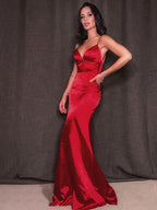 Sheath/Column Silk like Satin Spaghetti Straps Ruffles Sleeveless Prom Dresses by misshow.com