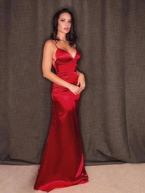 Sheath/Column Silk like Satin Spaghetti Straps Ruffles Sleeveless Prom Dresses by misshow.com