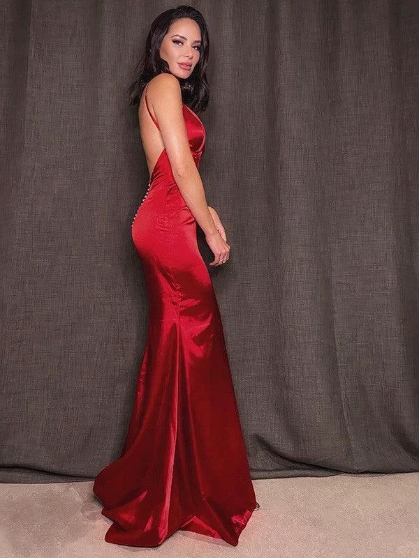 Sheath/Column Silk like Satin Spaghetti Straps Ruffles Sleeveless Prom Dresses by misshow.com