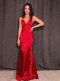 Sheath/Column Silk like Satin Spaghetti Straps Ruffles Sleeveless Prom Dresses by misshow.com