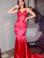 Sheath/Column Silk like Satin Spaghetti Straps Sleeveless Applique Prom Dresses by misshow.com