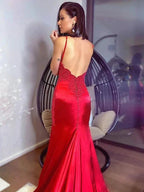 Sheath/Column Silk like Satin Spaghetti Straps Sleeveless Applique Prom Dresses by misshow.com