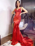 Sheath/Column Silk like Satin Spaghetti Straps Sleeveless Applique Prom Dresses by misshow.com