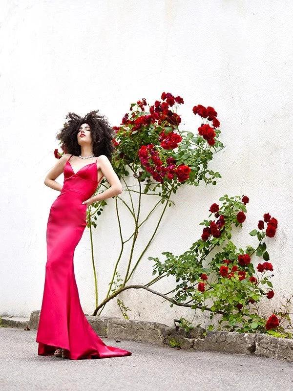Sheath/Column Silk like Satin V-neck Sleeveless Ruffles Prom Dresses by misshow.com