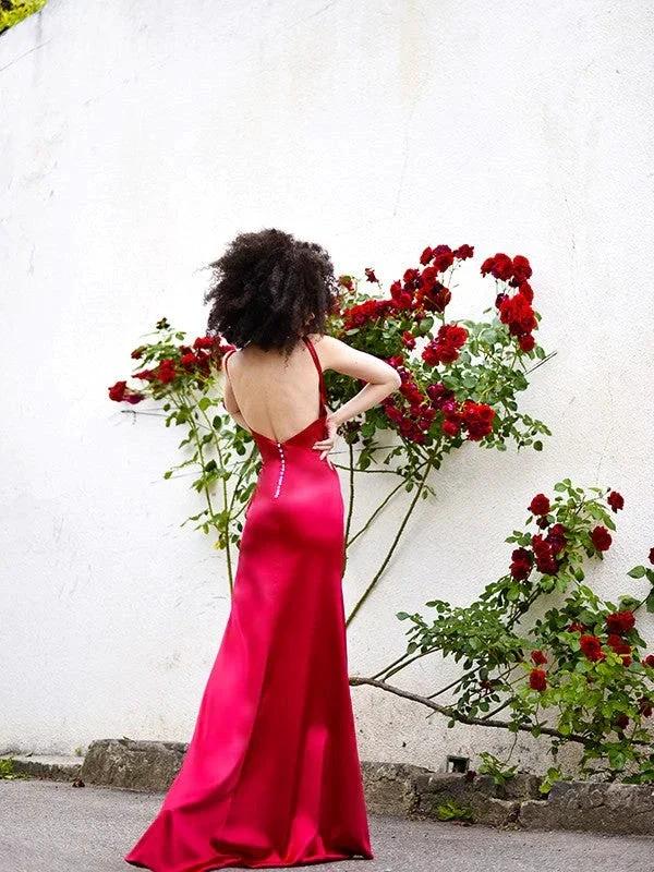 Sheath/Column Silk like Satin V-neck Sleeveless Ruffles Prom Dresses by misshow.com