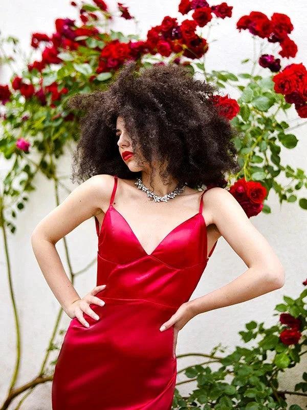 Sheath/Column Silk like Satin V-neck Sleeveless Ruffles Prom Dresses by misshow.com