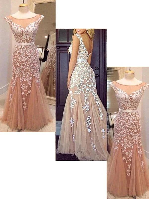 Sheath/Column Sleeveless Bateau Tulle Applique Floor-Length Prom Dresses by misshow.com
