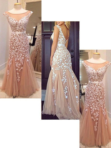 Sheath/Column Sleeveless Bateau Tulle Applique Floor-Length Prom Dresses