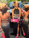 Sheath/Column Sleeveless Halter Beading Chiffon Two Piece Prom Dresses by misshow.com