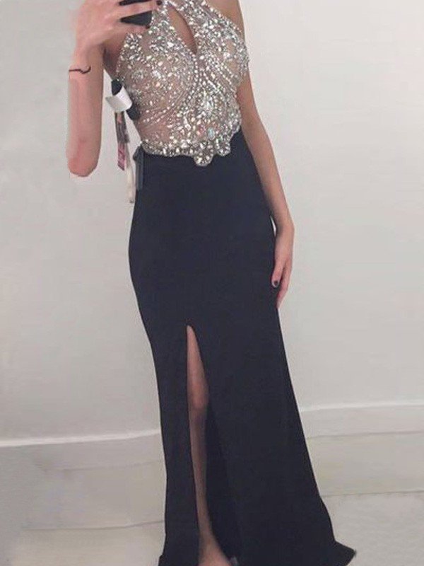 Sheath/Column Sleeveless Halter Beading Floor-Length Jersey Prom Dresses Hover Image