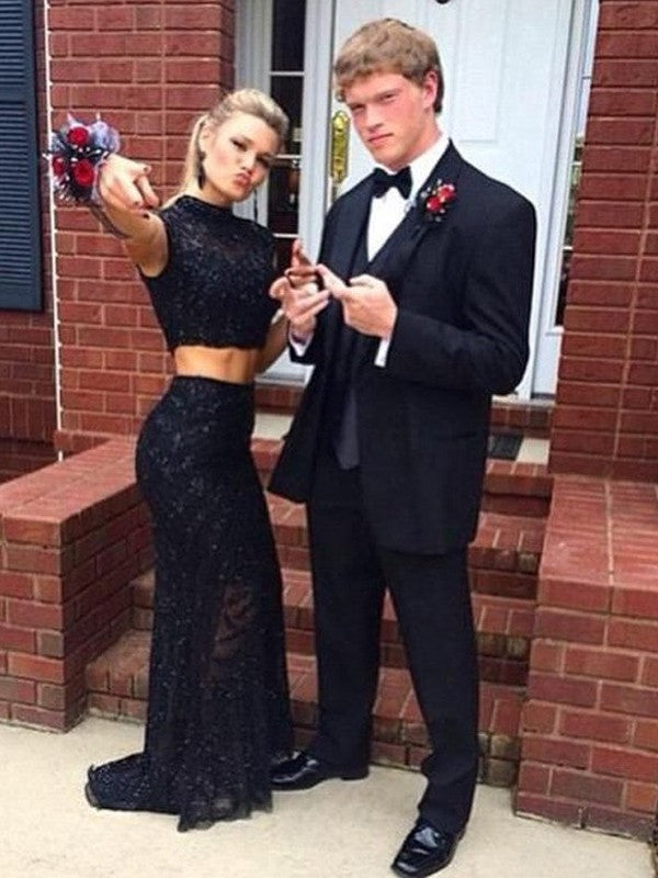 Sheath/Column Sleeveless High Neck Lace Two Piece Prom Dresses Hover Image